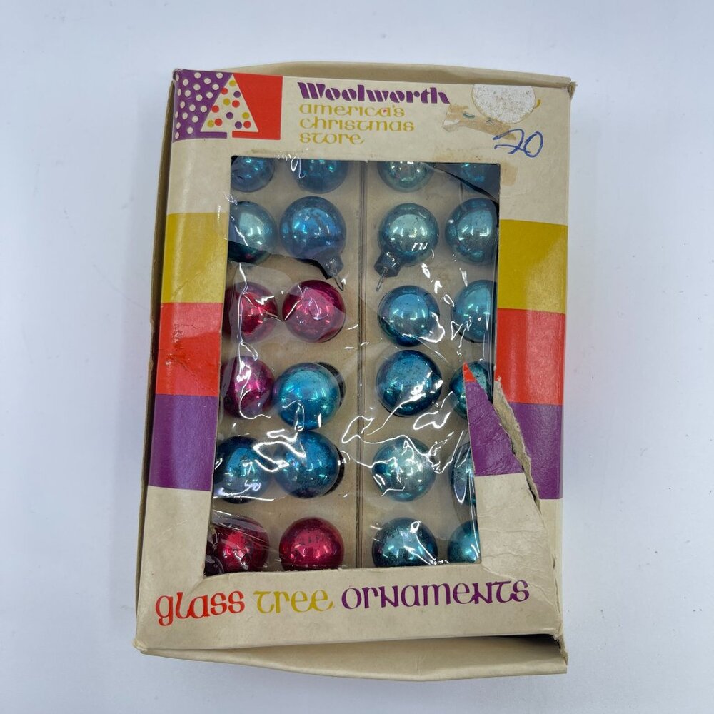 vintage miniature 15mm glass ornaments set of 24 red and blue in original box